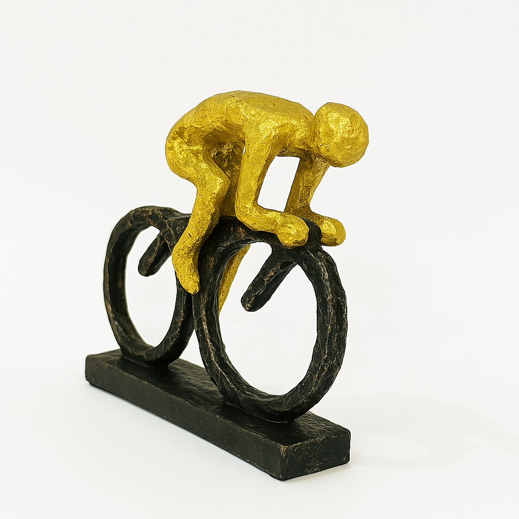 Cycling Gold Men Figures Decor – Abstract cyclist sculpture in gold and black, ideal for modern home and office decor.