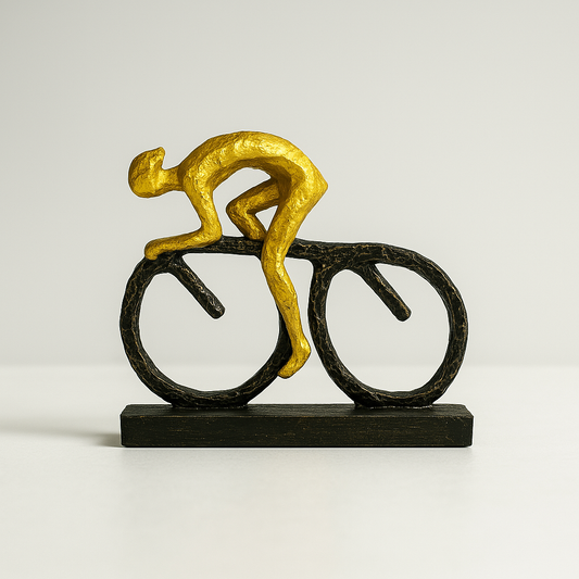 Cycling Gold Men Figures Decor – Abstract cyclist sculpture in gold and black, ideal for modern home and office decor.