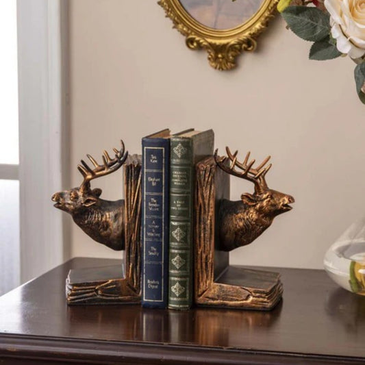 Vintage Stag Head Bookends – Decorative bronze-finish bookends with stag head design, perfect for rustic and classic interiors.
